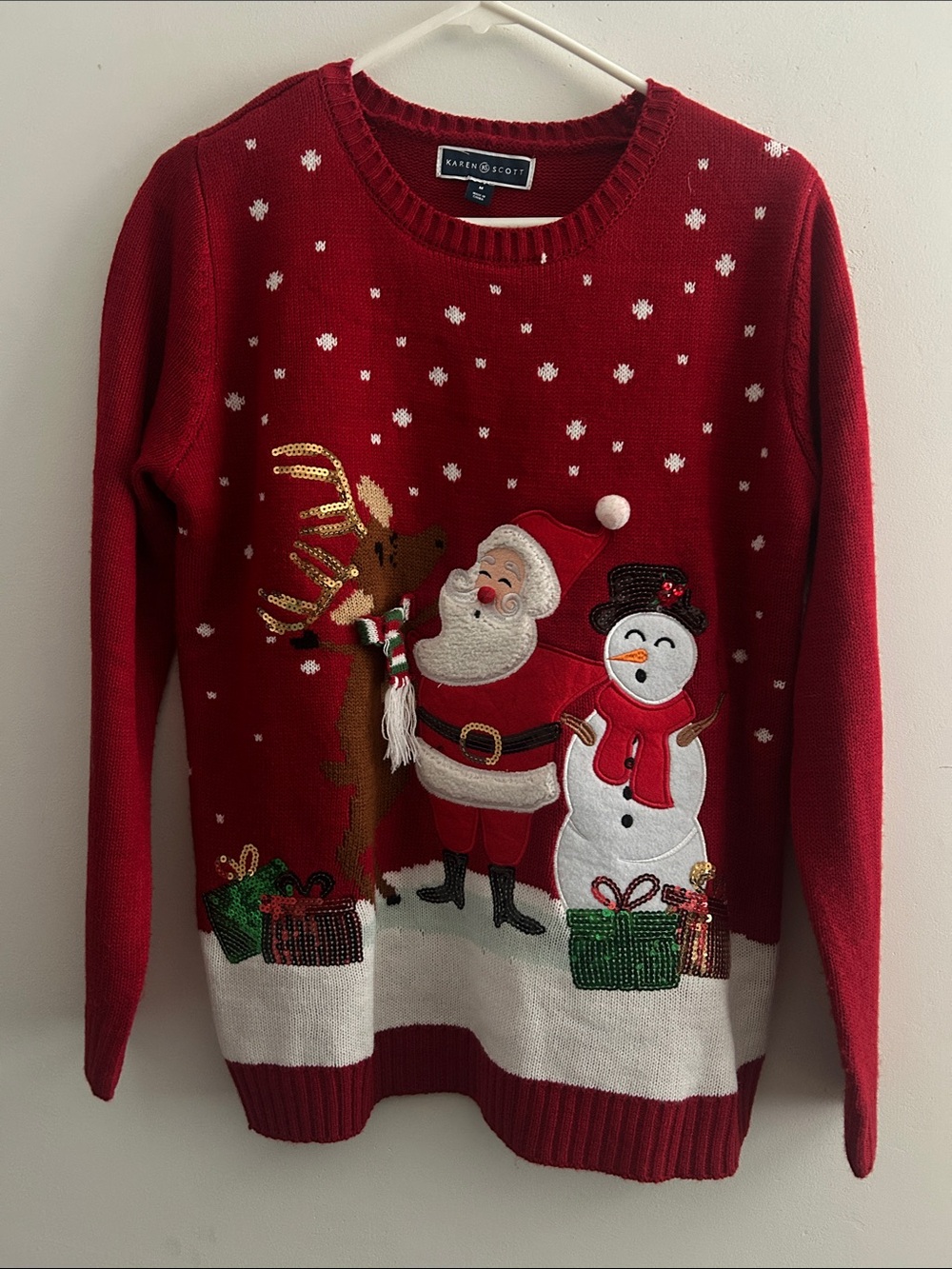 Karen Scott Red Holiday Sweater with Santa & Snowman